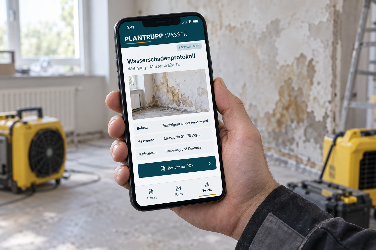 Produktillustration: mobiles Wasserschadenprotokoll mit Schadenfoto, Messwerten und PDF-Bericht