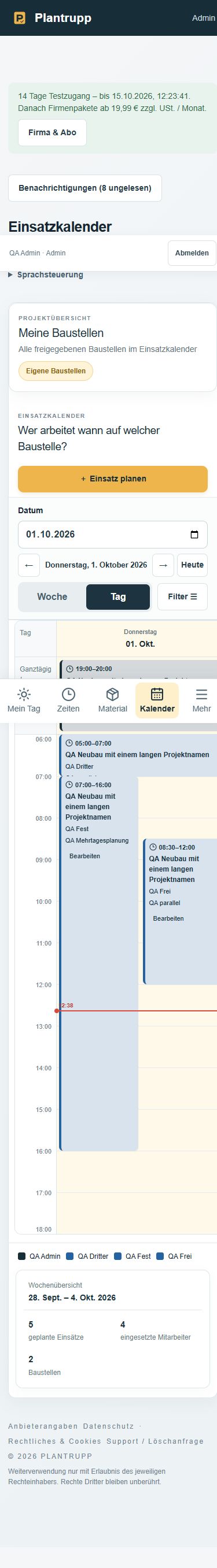 Plantrupp mobile Ansicht für Arbeitszeiten und Einsätze